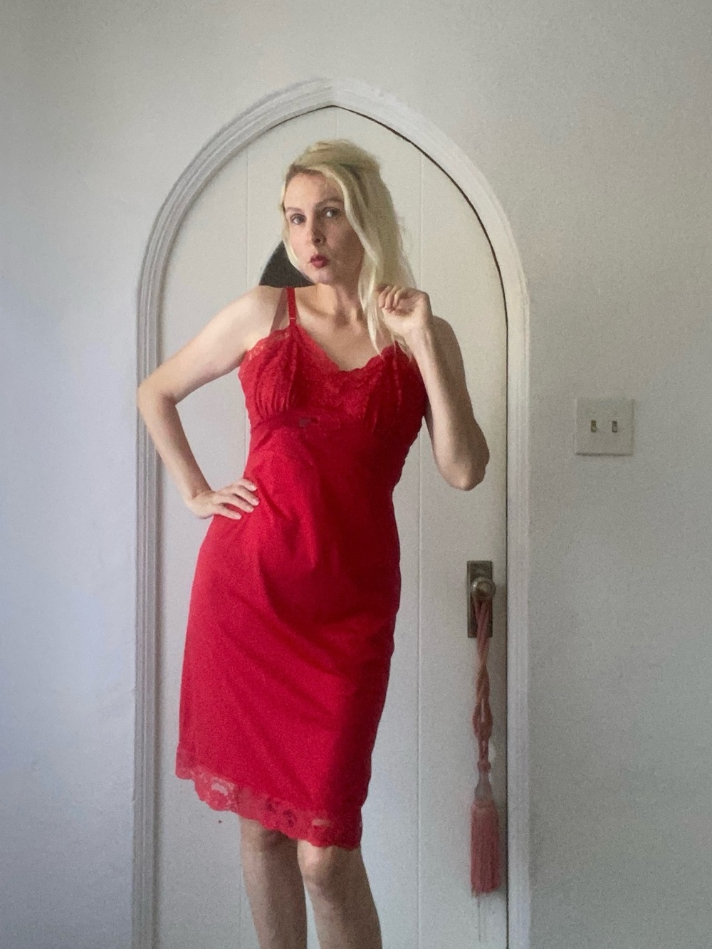 Vintage Sleek Red Lace Chemise Slip with Scalloped Trim Adjustable Straps